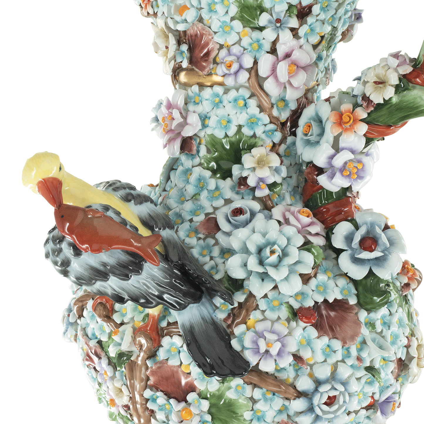 Jarrón tridimensional de flores de porcelana con pájaros