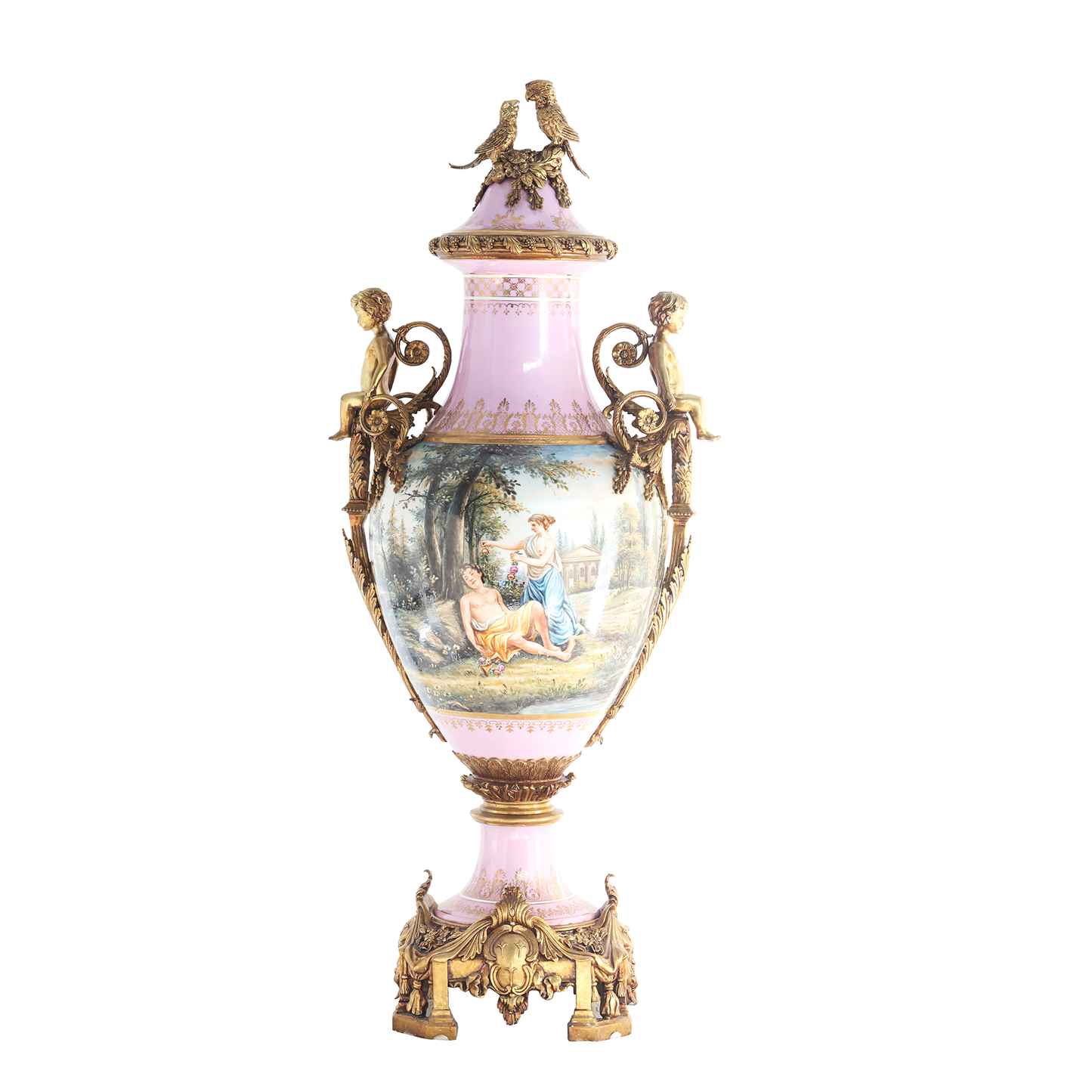 Parrot Lid & Cherub Bronze Handle Hand-painted Urn