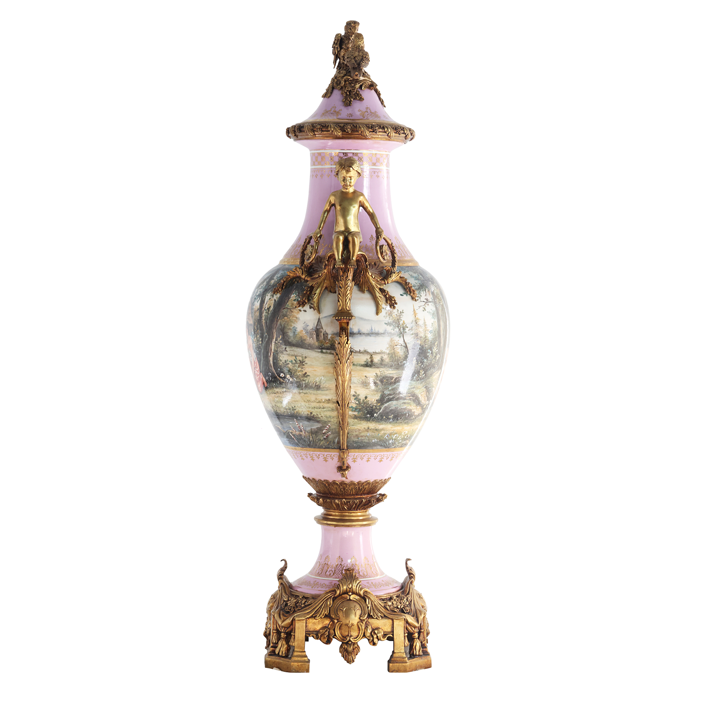 Parrot Lid & Cherub Bronze Handle Hand-painted Urn