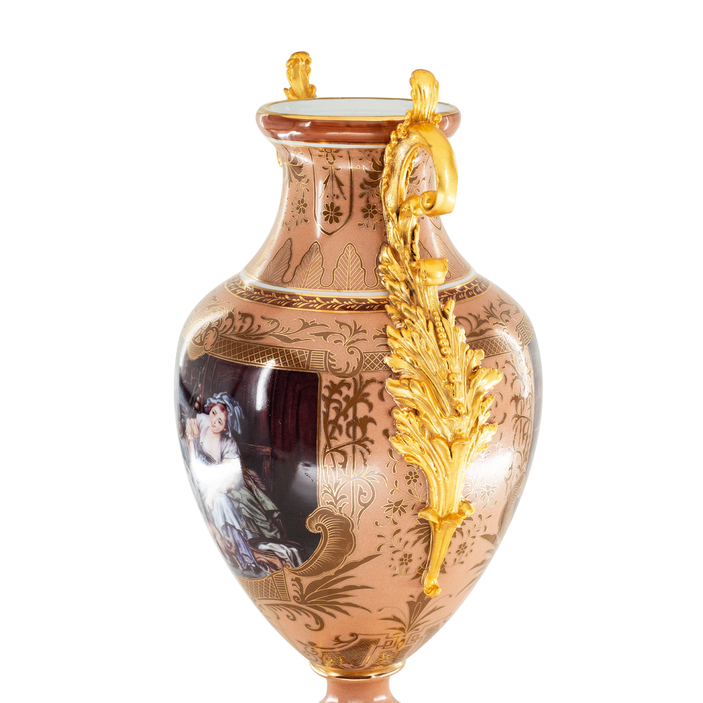 Jarrón de porcelana rococó con mango de bronce