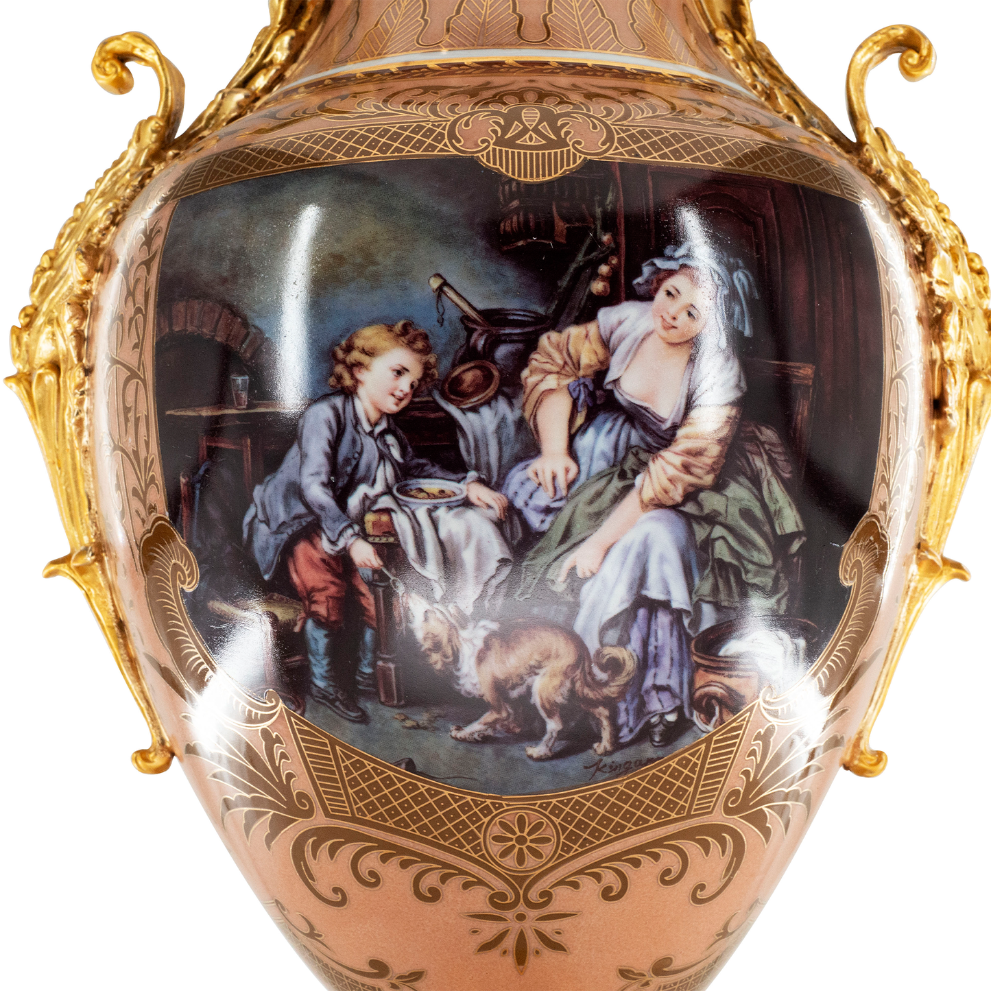 Jarrón de porcelana rococó con mango de bronce