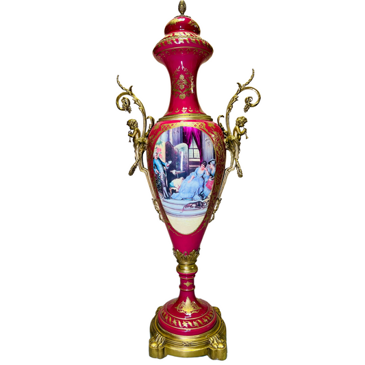 Red Rococo Style Porcelain & bronze Urn