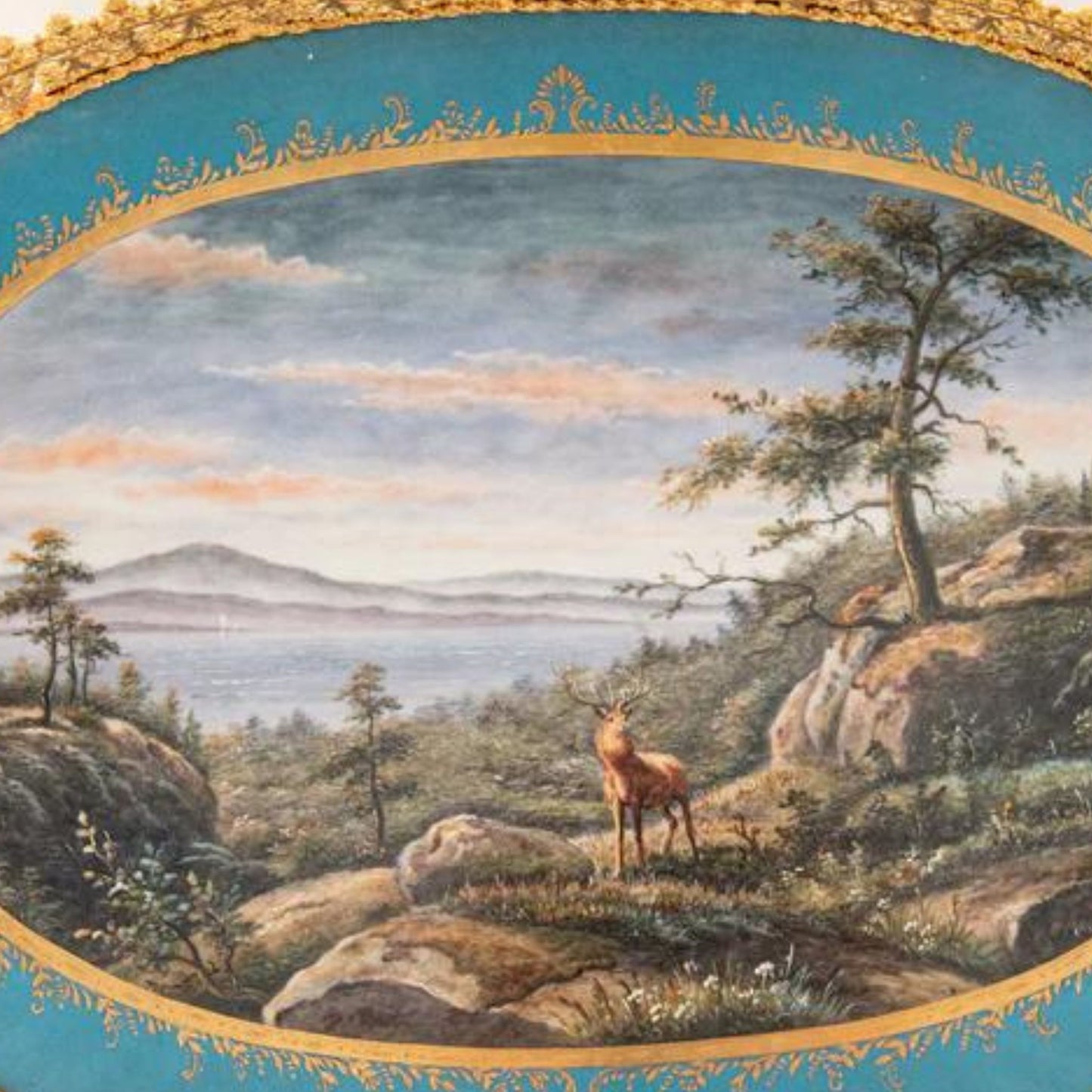 Hand-painted Stag Porcelain and Bronze Serving Tray