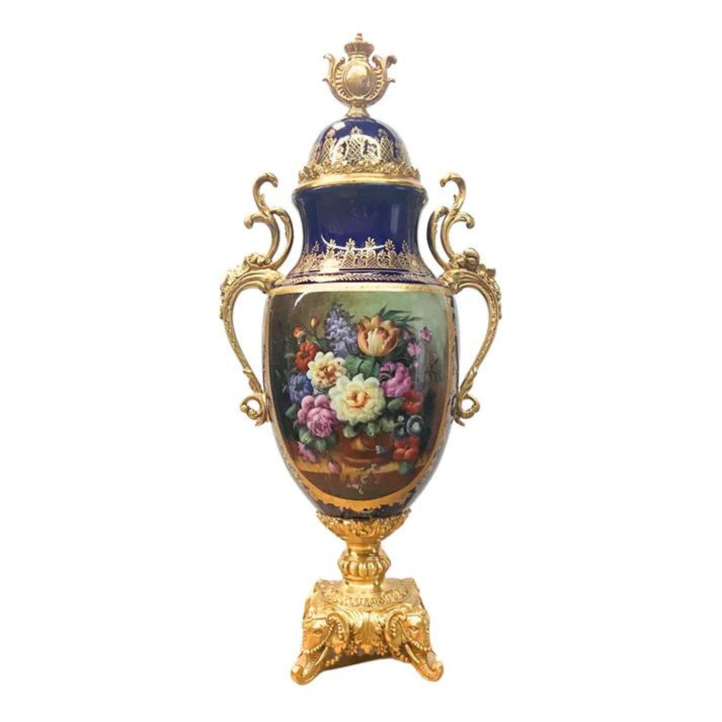 Cobalt Blue Rococo Bronze Floral Urn