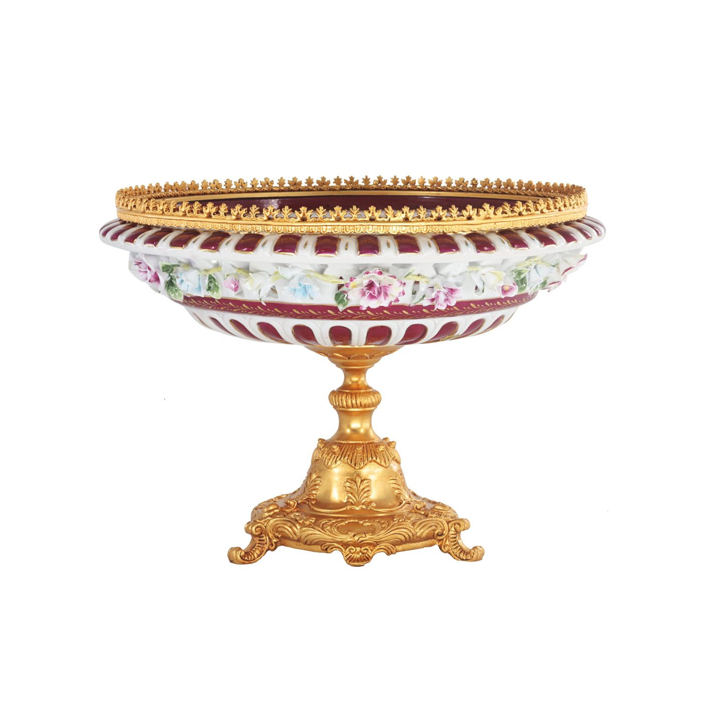 Hand-painted Rococo-style Red Floral Bowl With Porcelain Flowers