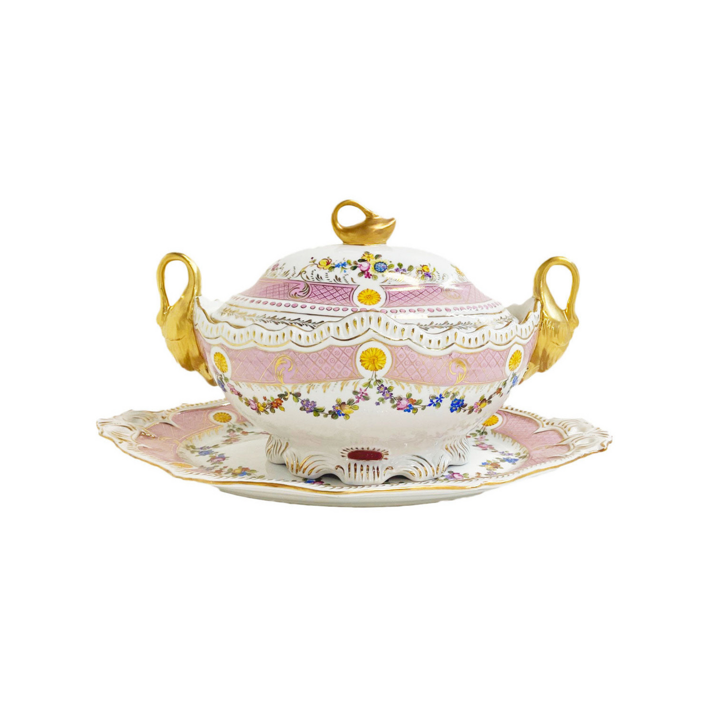 Pink Floral Tureen Set With Swan Handles