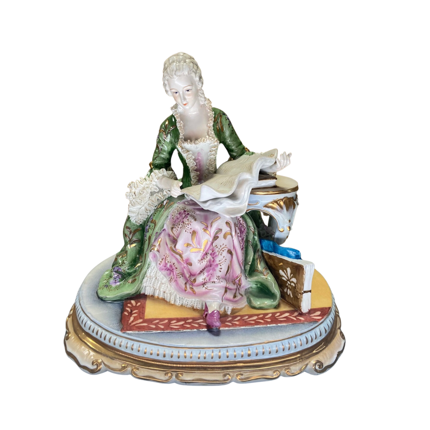 Hand-painted Net Lace Porcelain Reading Lady Figurine