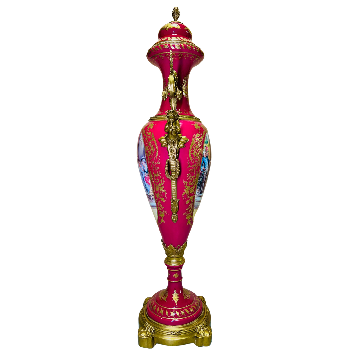 Red Rococo Style Porcelain & bronze Urn