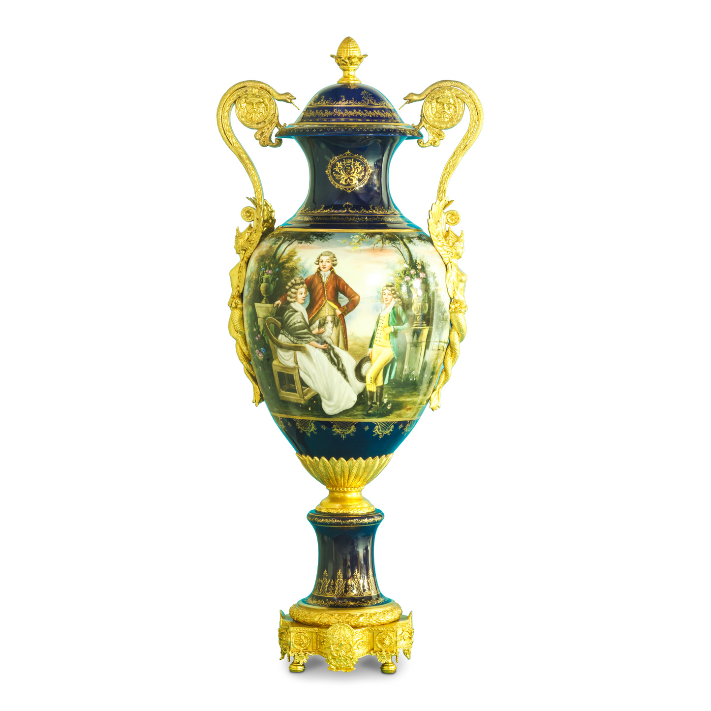 Hand-Painted Porcelain Lady Bronze Handle Vase With Lid