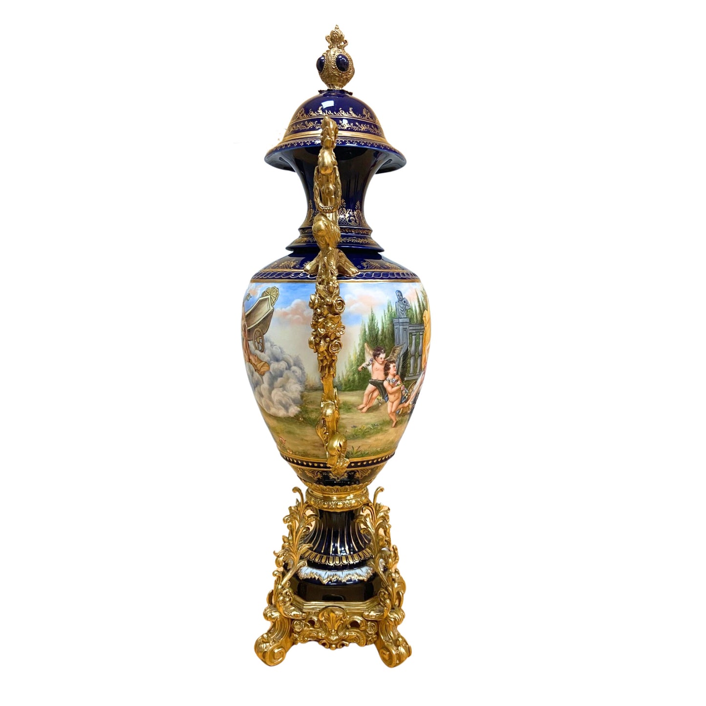 Striking Hand-Painted Porcelain & Bronze Handle Vase