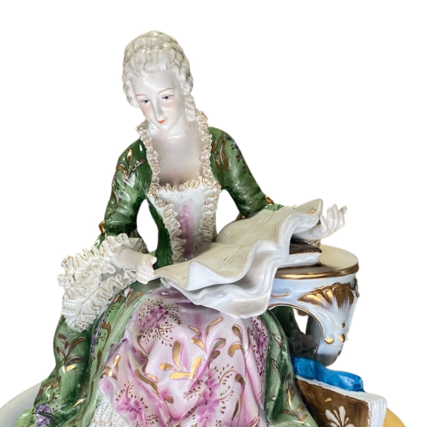 Hand-painted Net Lace Porcelain Reading Lady Figurine