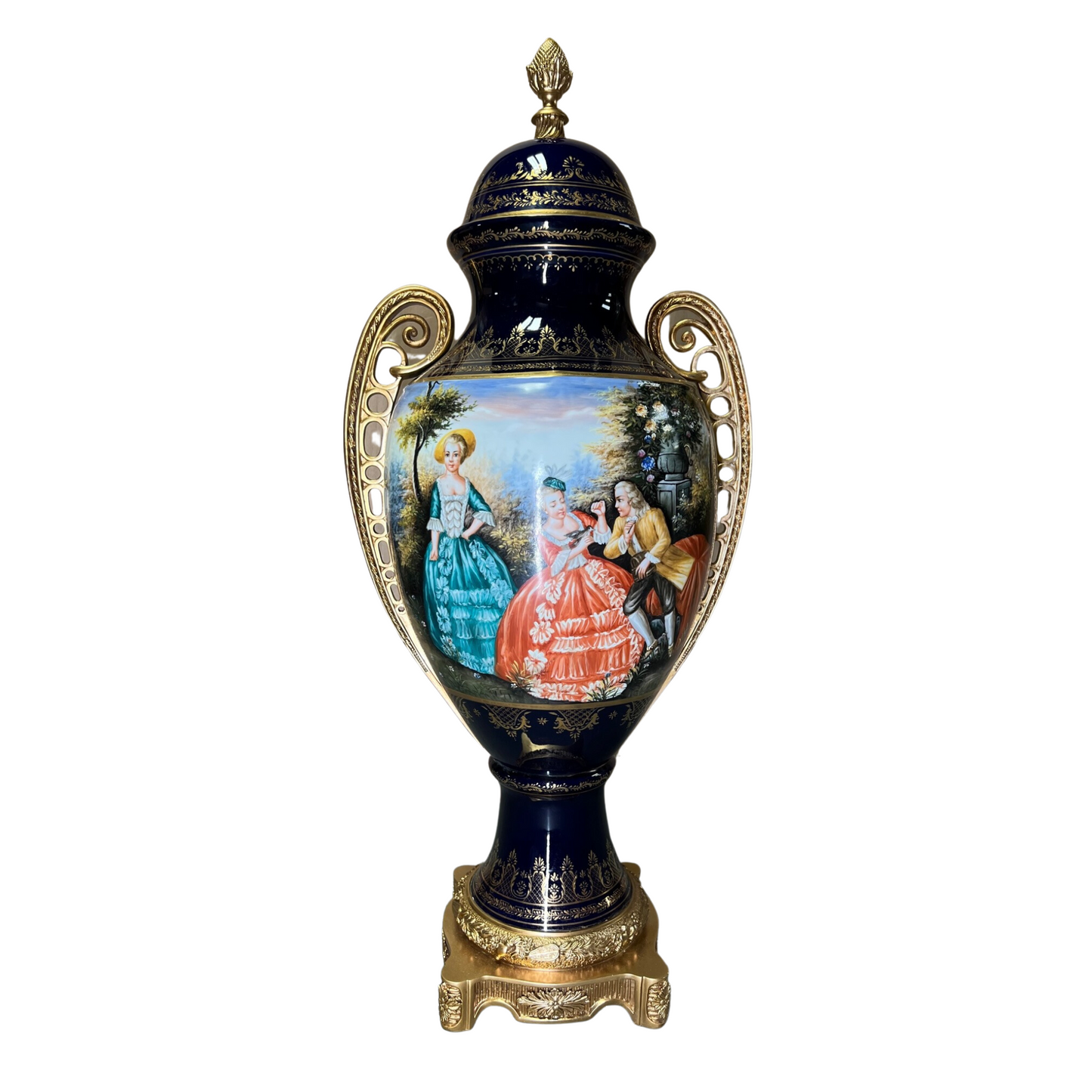 Hand-painted Rococo Style Porcelain & Bronze Urn With Lid