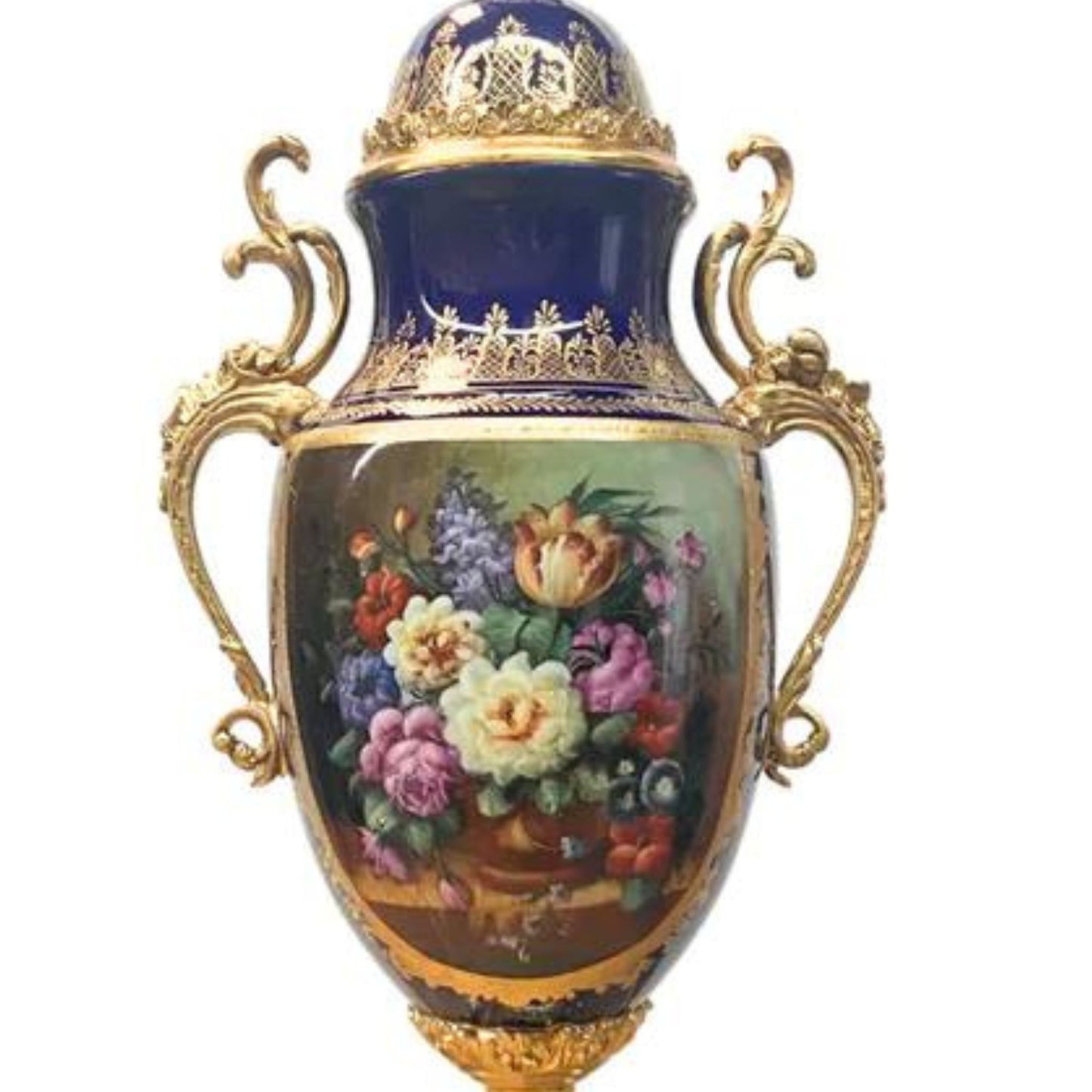 Cobalt Blue Rococo Bronze Floral Urn