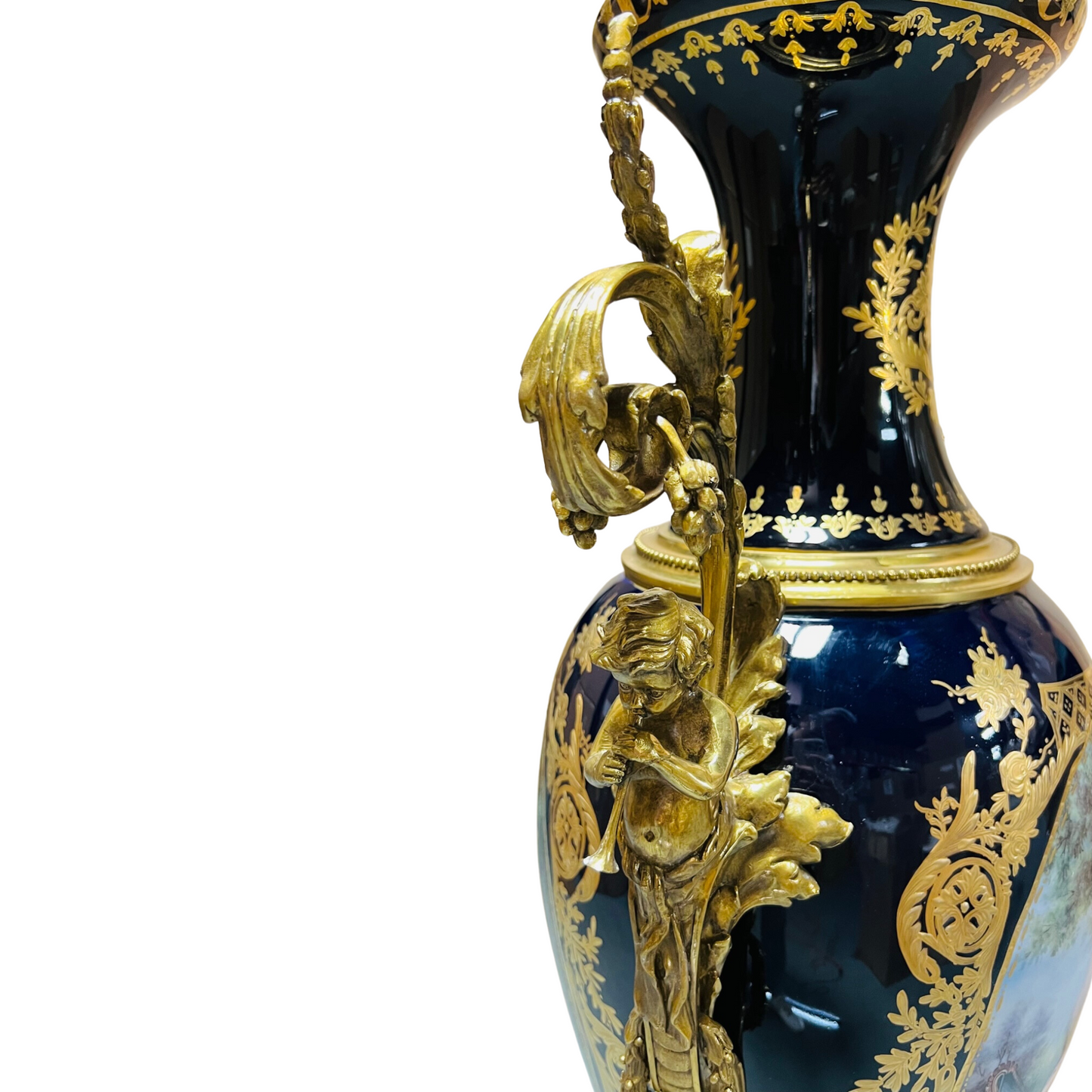 Dark Blue Rococo Style Porcelain & bronze Urn