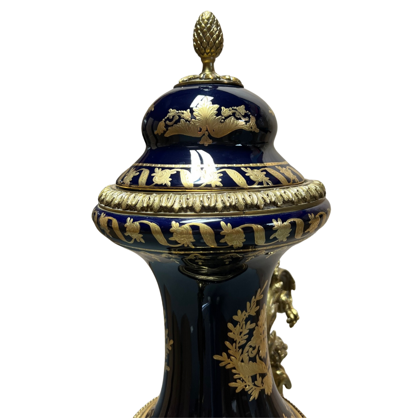 Dark Blue Rococo Style Porcelain & bronze Urn