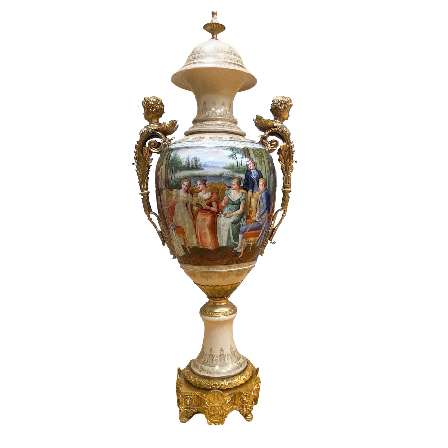 Striking Porcelain And Bronze Hand-painted Cherub Handle Vase