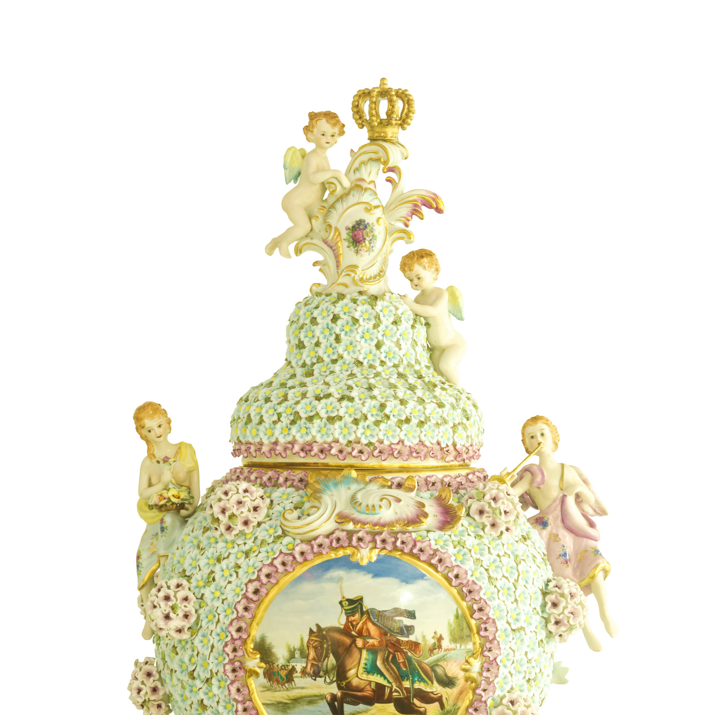 Hand-Painted Porcelain Baroque Flower Three Dimensional Cherub French Style Urn