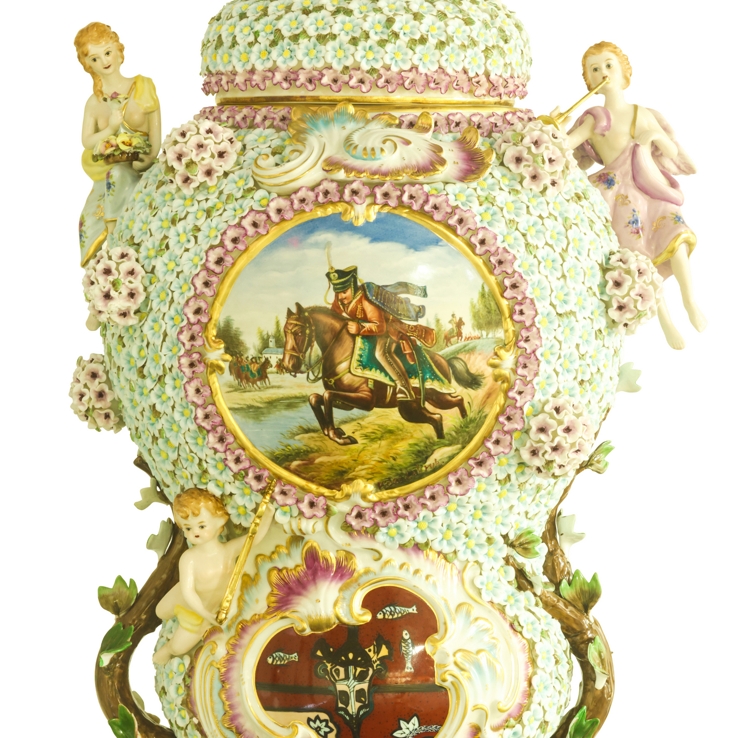 Hand-Painted Porcelain Baroque Flower Three Dimensional Cherub French Style Urn