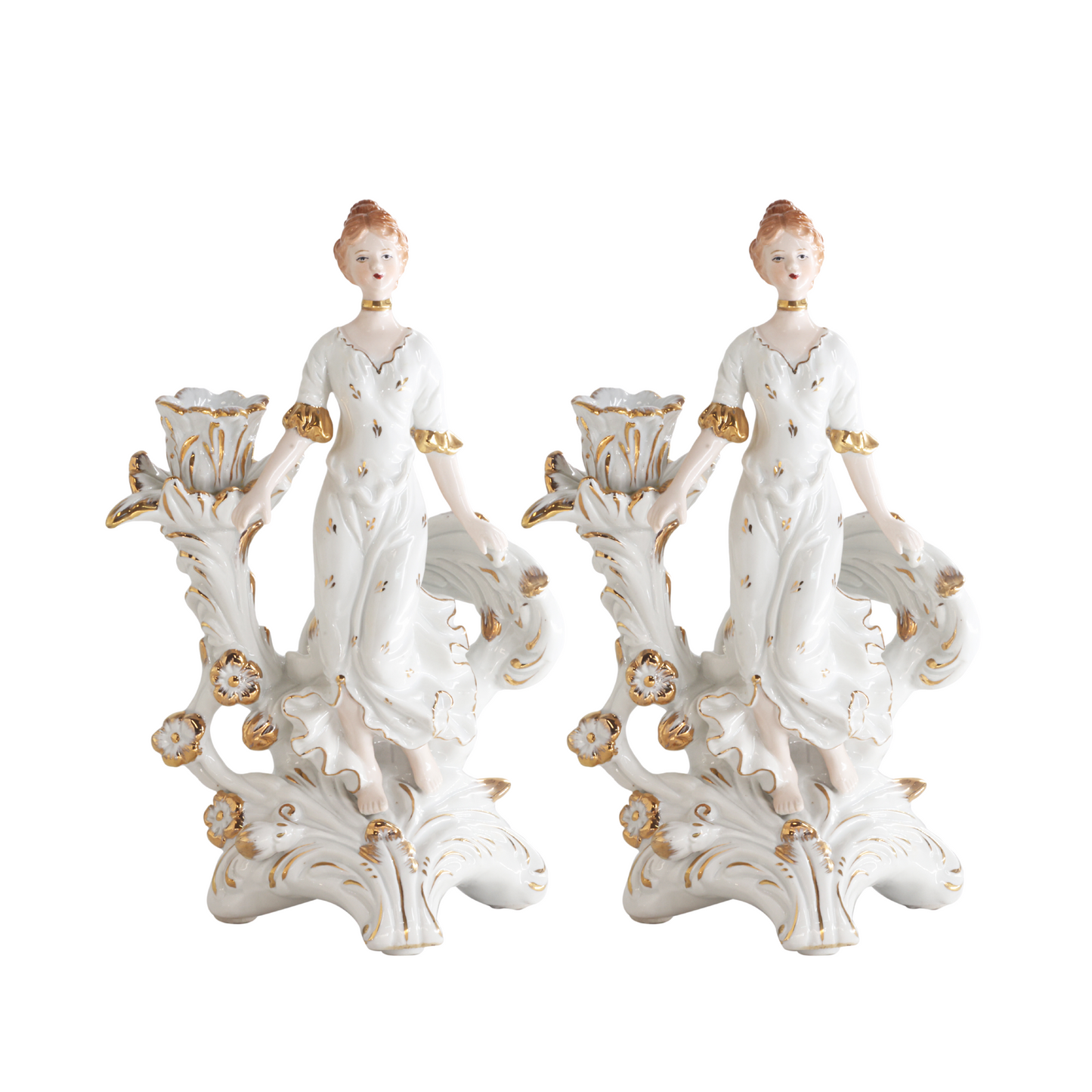 Pair of White Hand-painted Porcelain Candlestick Holders