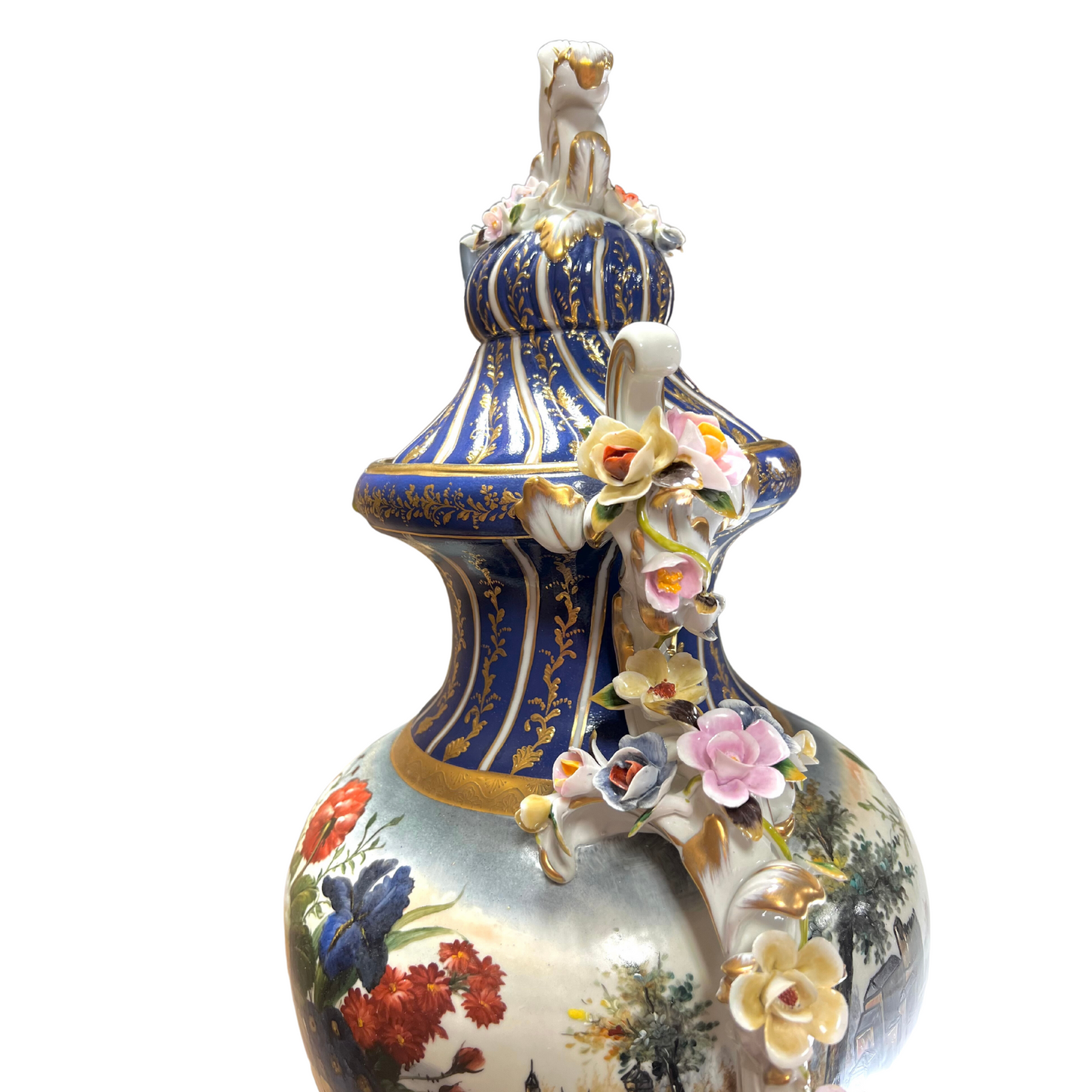 Rococo Hand-painted Porcelain Flower Handle Urn