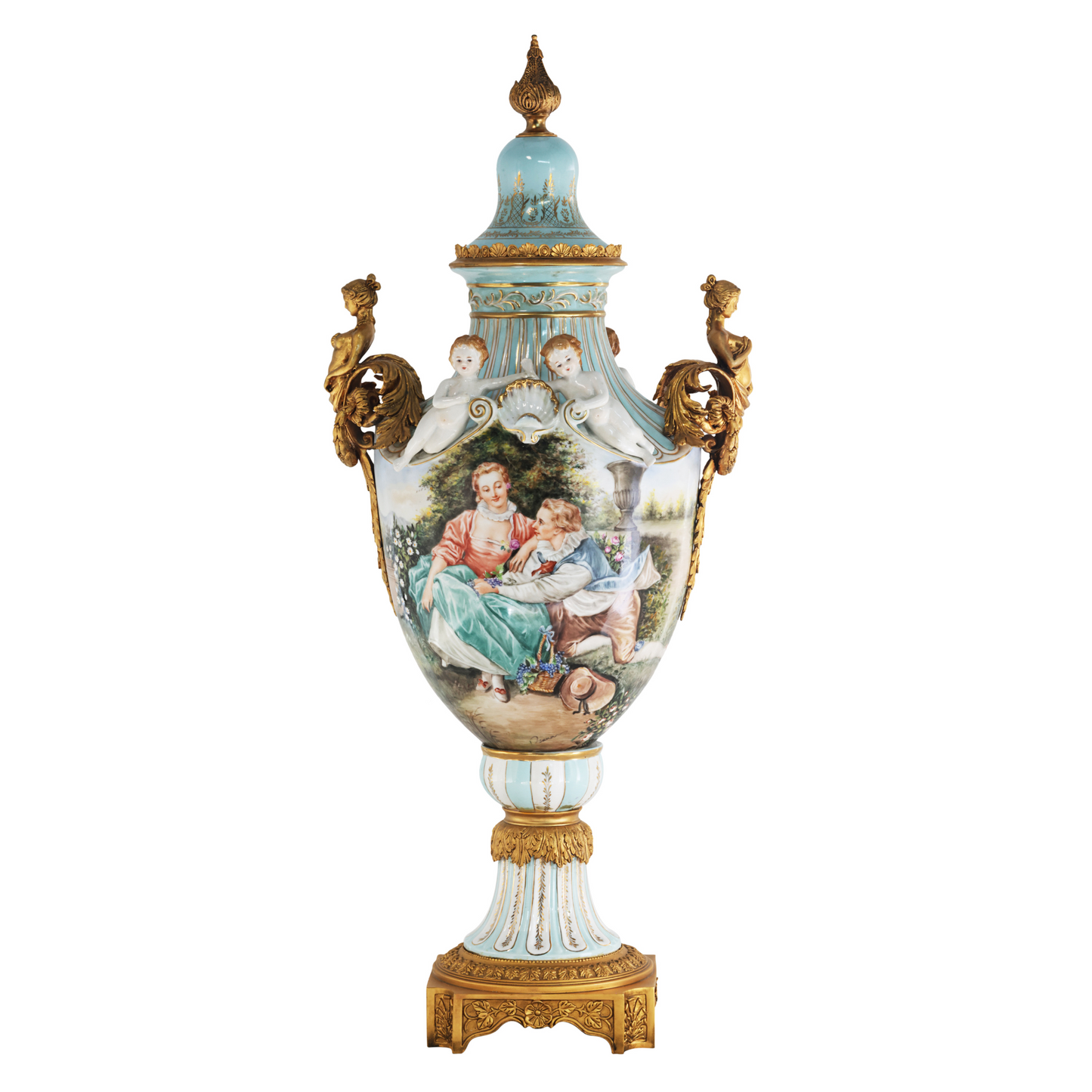 Porcelain And Bronze Lady Handle Hand-painted Louis XV Style Vase