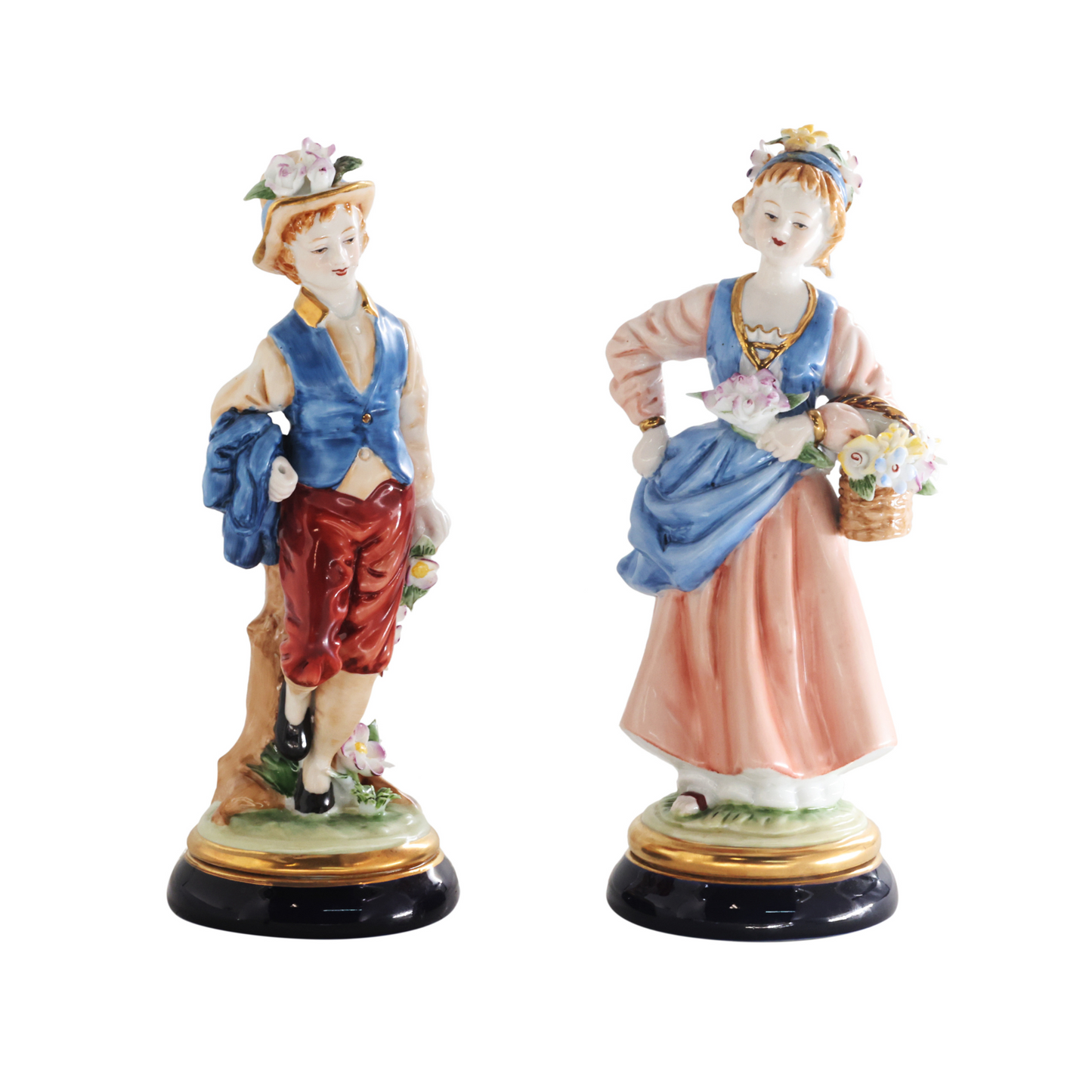 Blue and Pink Rococo Style Porcelain Young Girl & Boy Figurine Pair