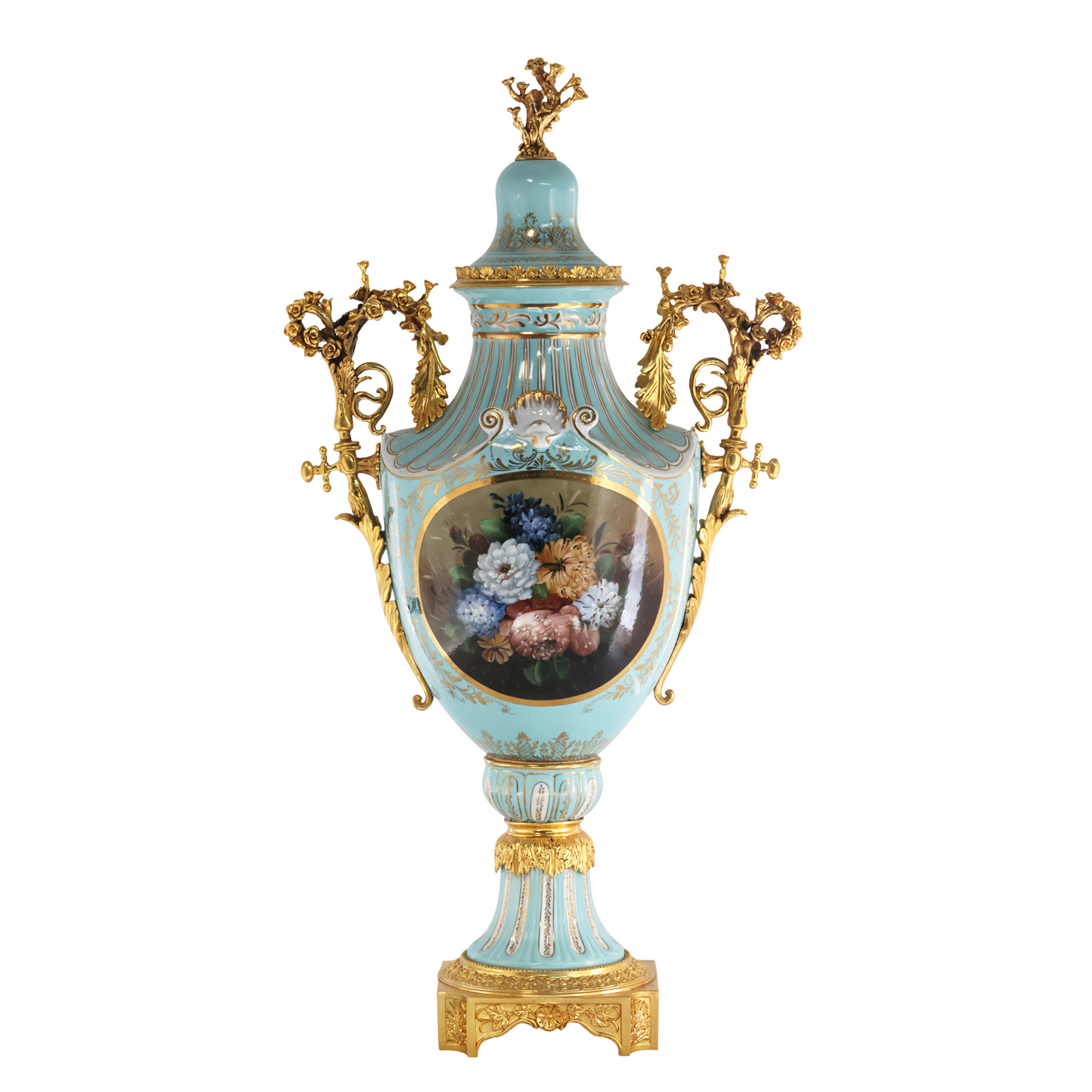 Hand-painted Porcelain Urn with Bronze Flowers