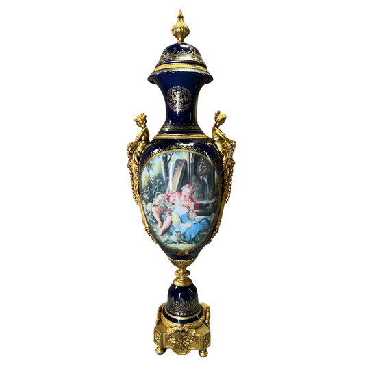 Striking Louis XV Style Hand-painted Porcelain And Bronze Cherub Handle Vase