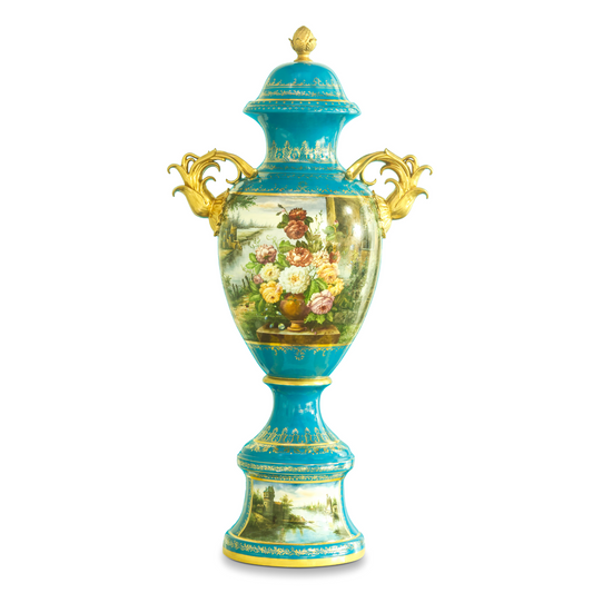 Teal Baroque Style Hand-Painted Floral Motif Vase