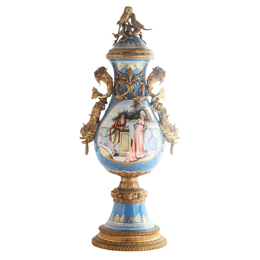 Hand-painted Light Blue Rococo Vase with Bronze Parrots
