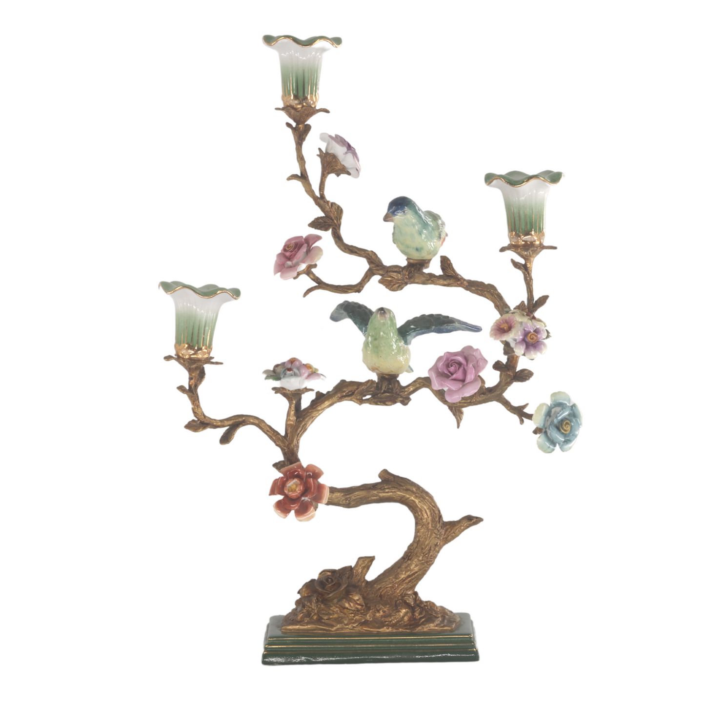 Bronze & Porcelain Hand-Painted Three Cup Candle Holder With Birds