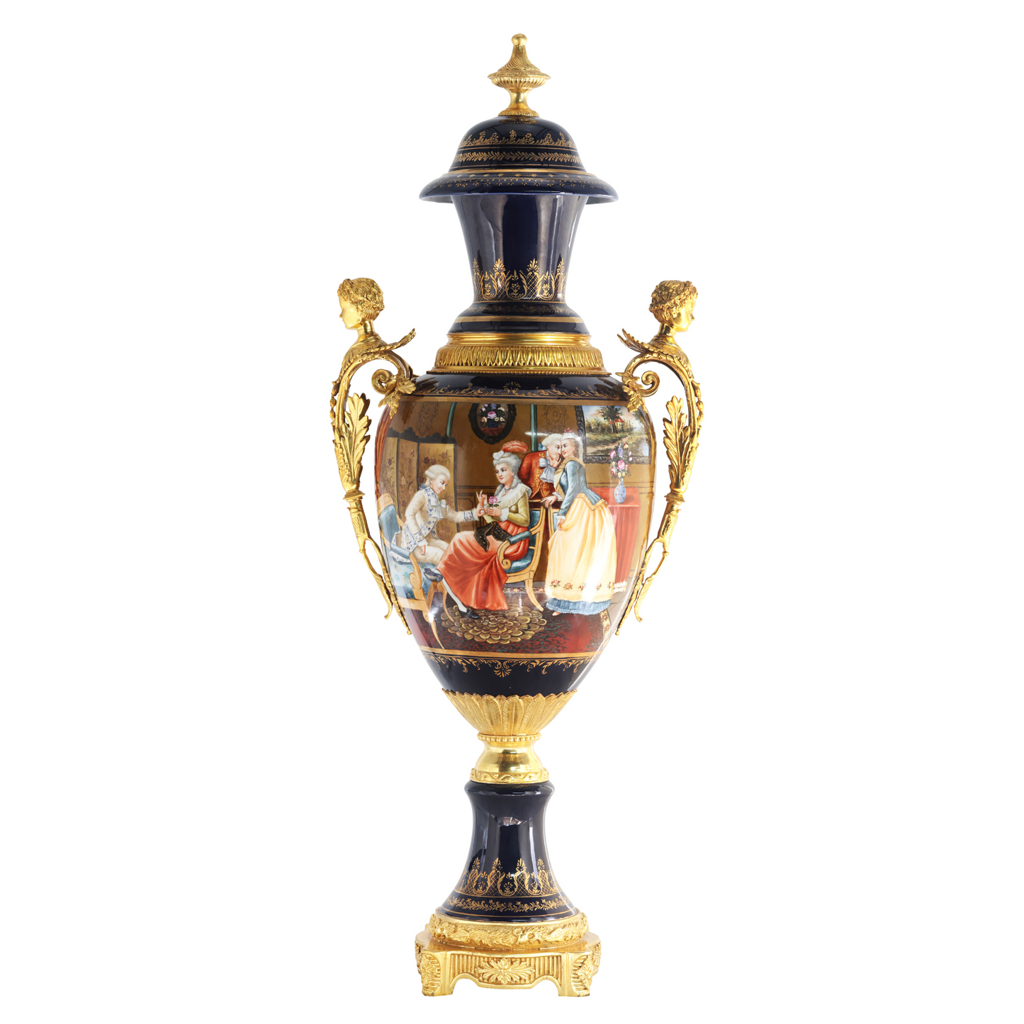 Striking Porcelain And Bronze Hand-Painted Cherub Handle Vase