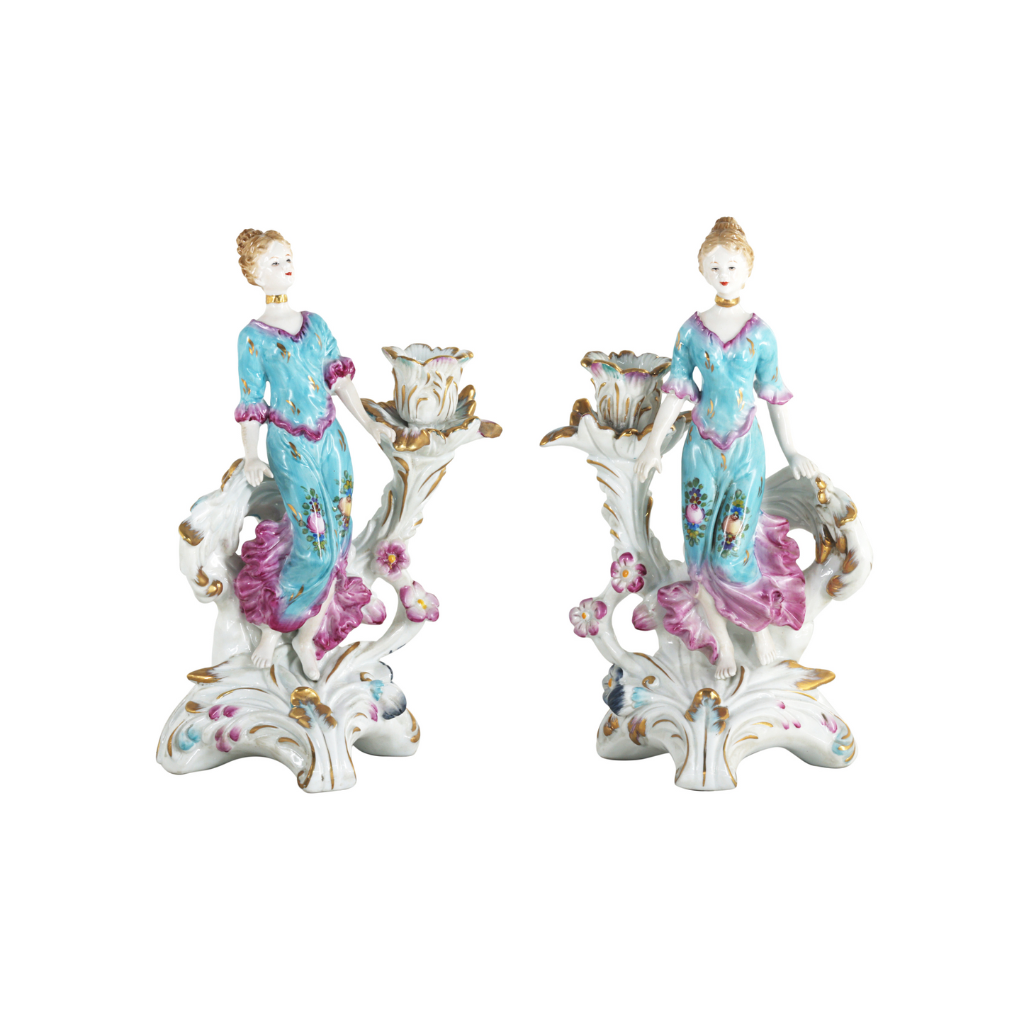 Pair of Hand-painted Porcelain Candlestick Holders