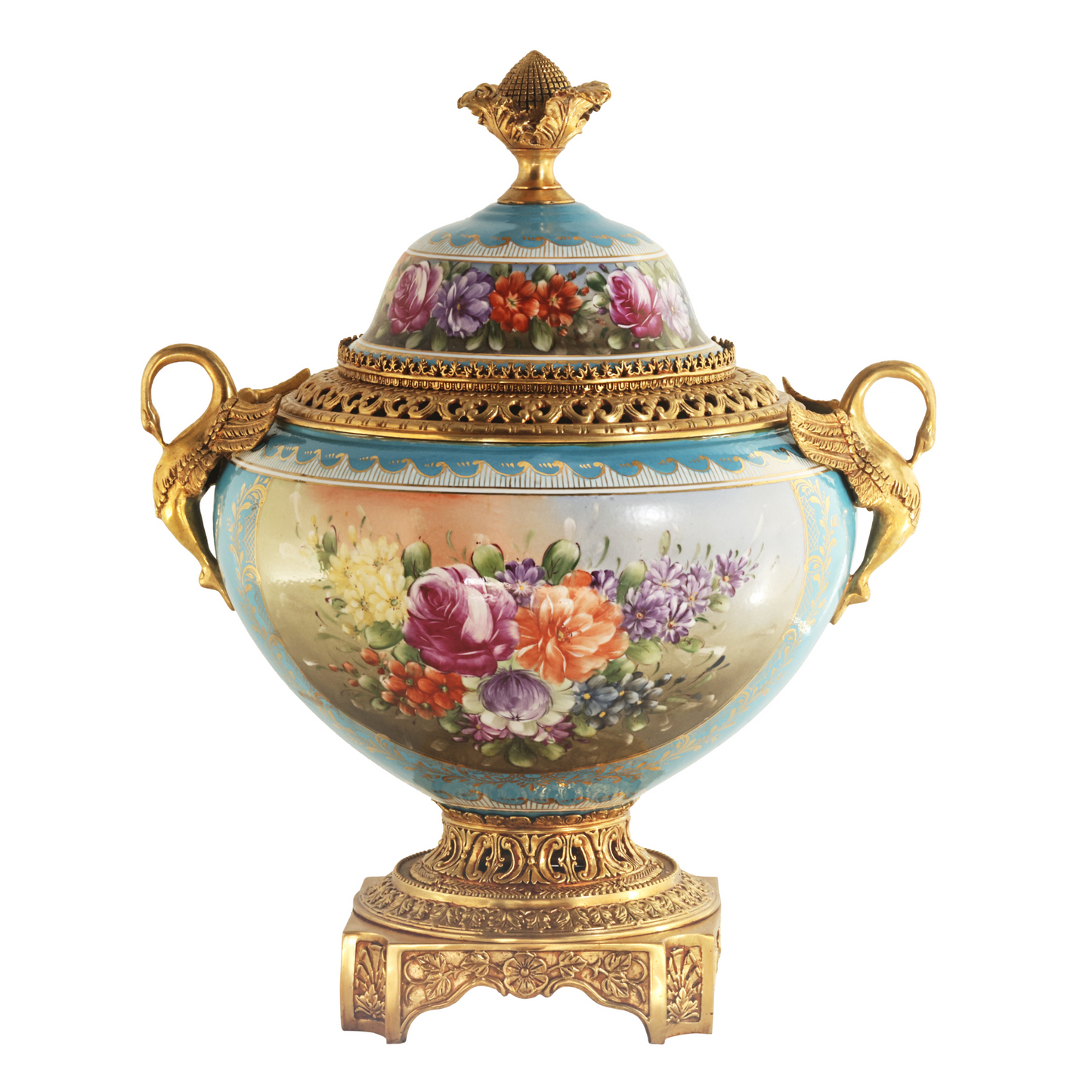 Swan Handle Hand-painted Porcelain And Bronze Jar