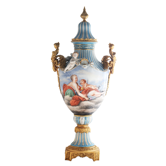 Porcelain & Bronze Lady Handle Hand-Painted Vase