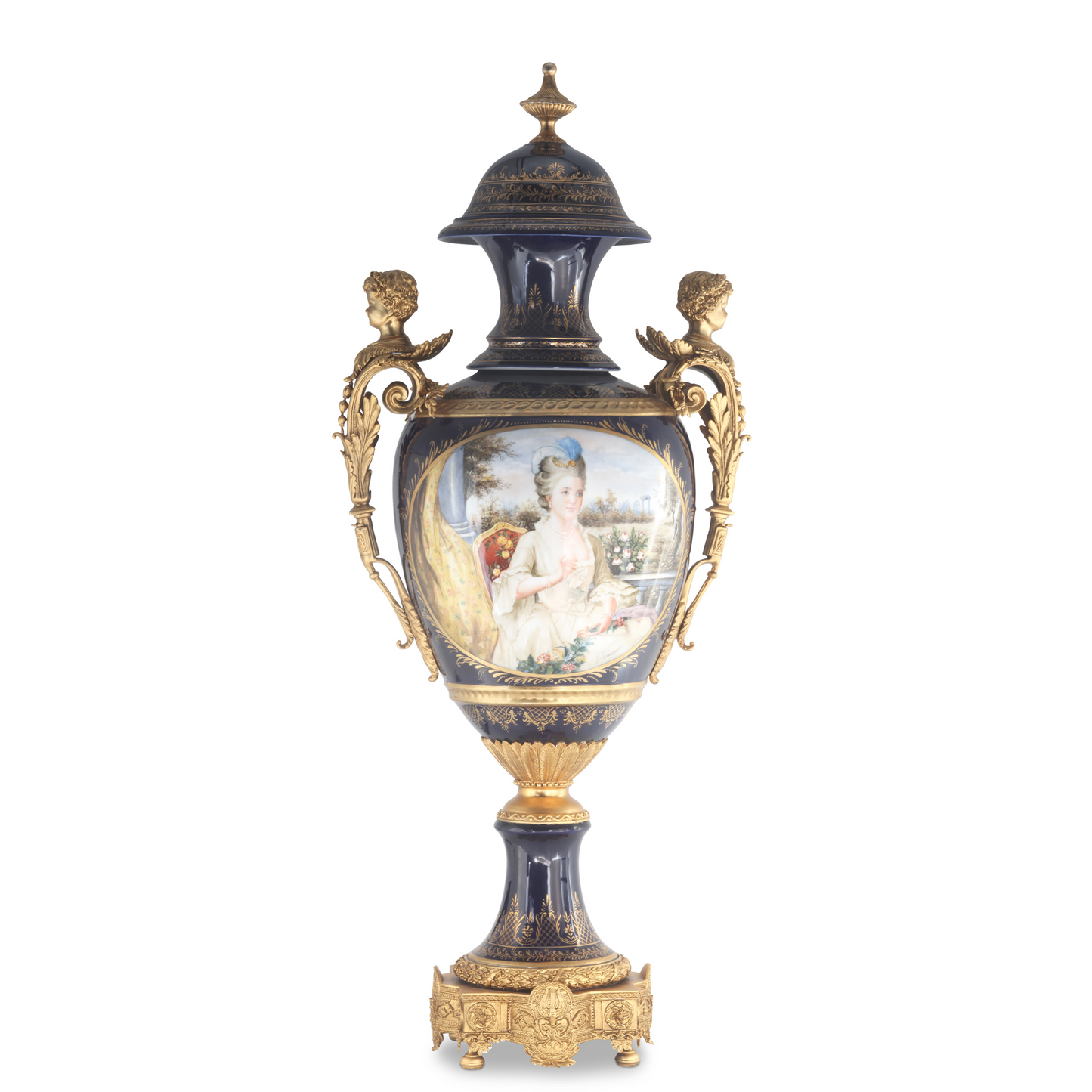 Striking Porcelain And Bronze Hand-painted Cherub Handle Vase