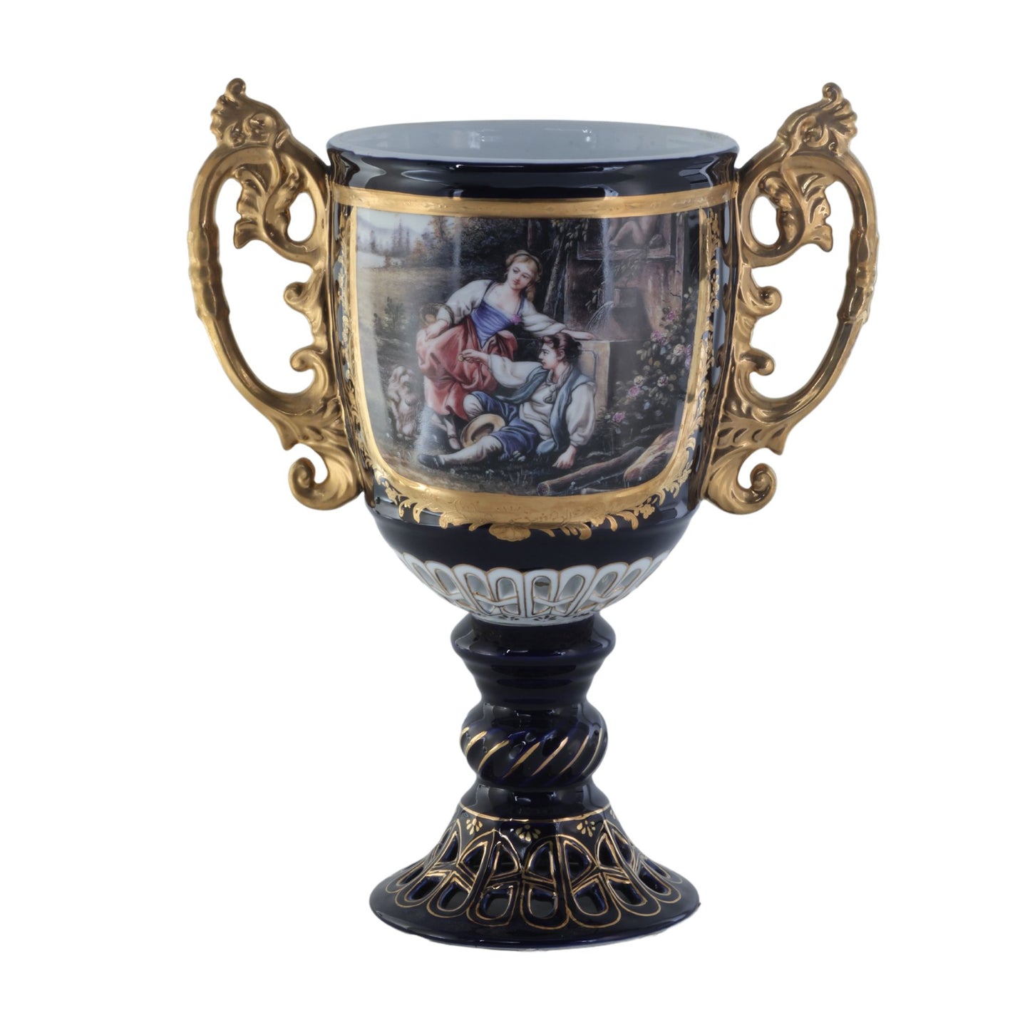 Dark Blue Hand-painted Potpourri Vase with Rococo Motif