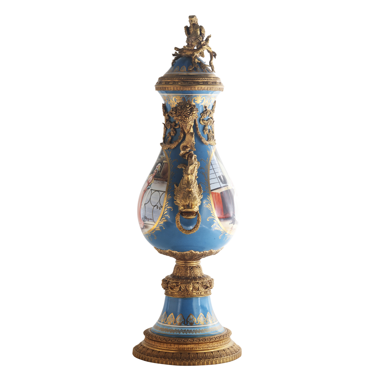 Hand-painted Light Blue Rococo Vase with Bronze Parrots