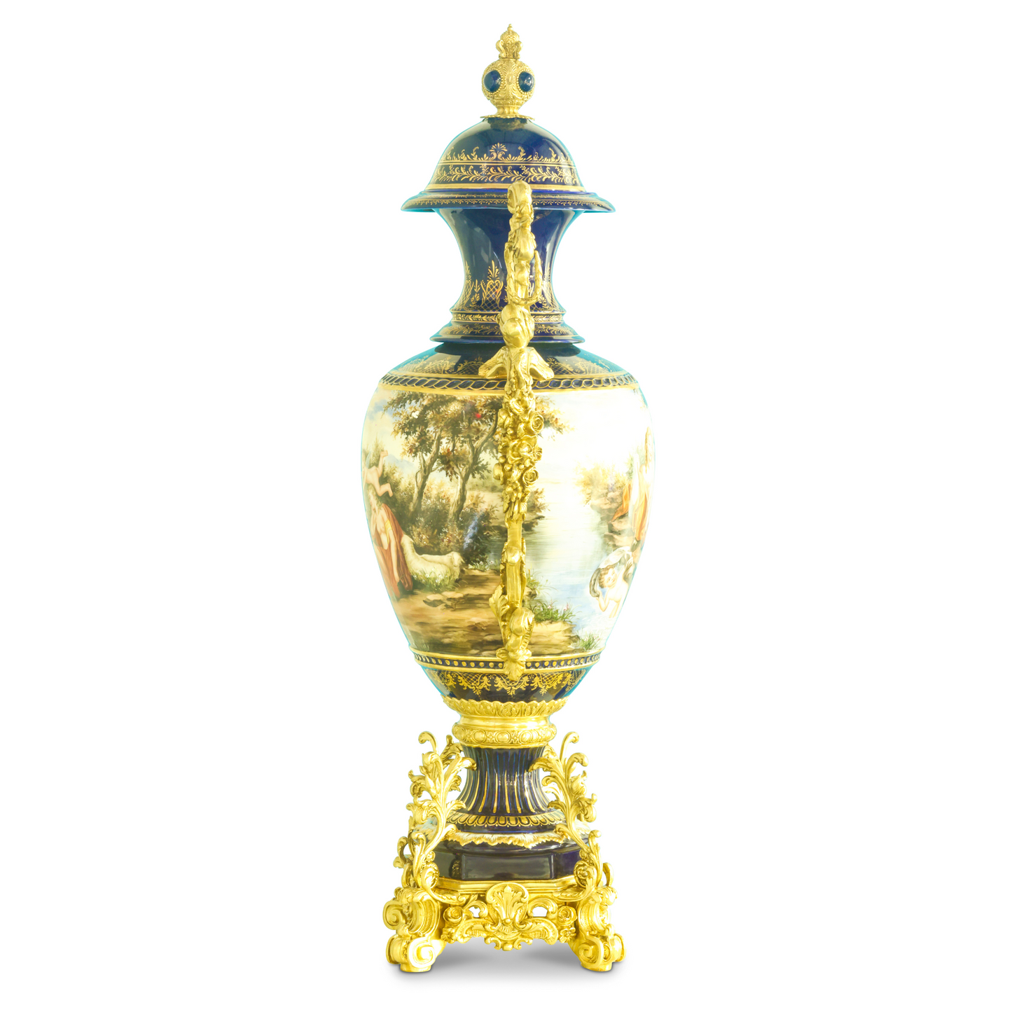 Striking Hand-Painted Porcelain & Bronze Handle Vase