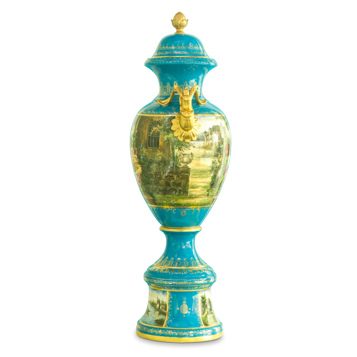 Teal Baroque Style Hand-Painted Floral Motif Vase