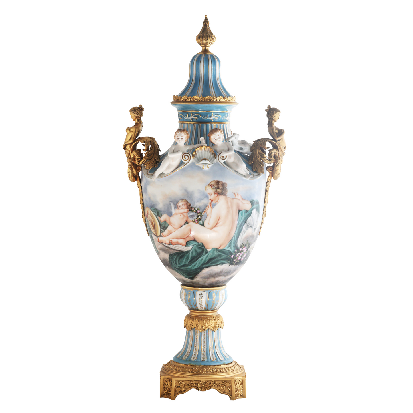 Porcelain & Bronze Lady Handle Hand-Painted Vase
