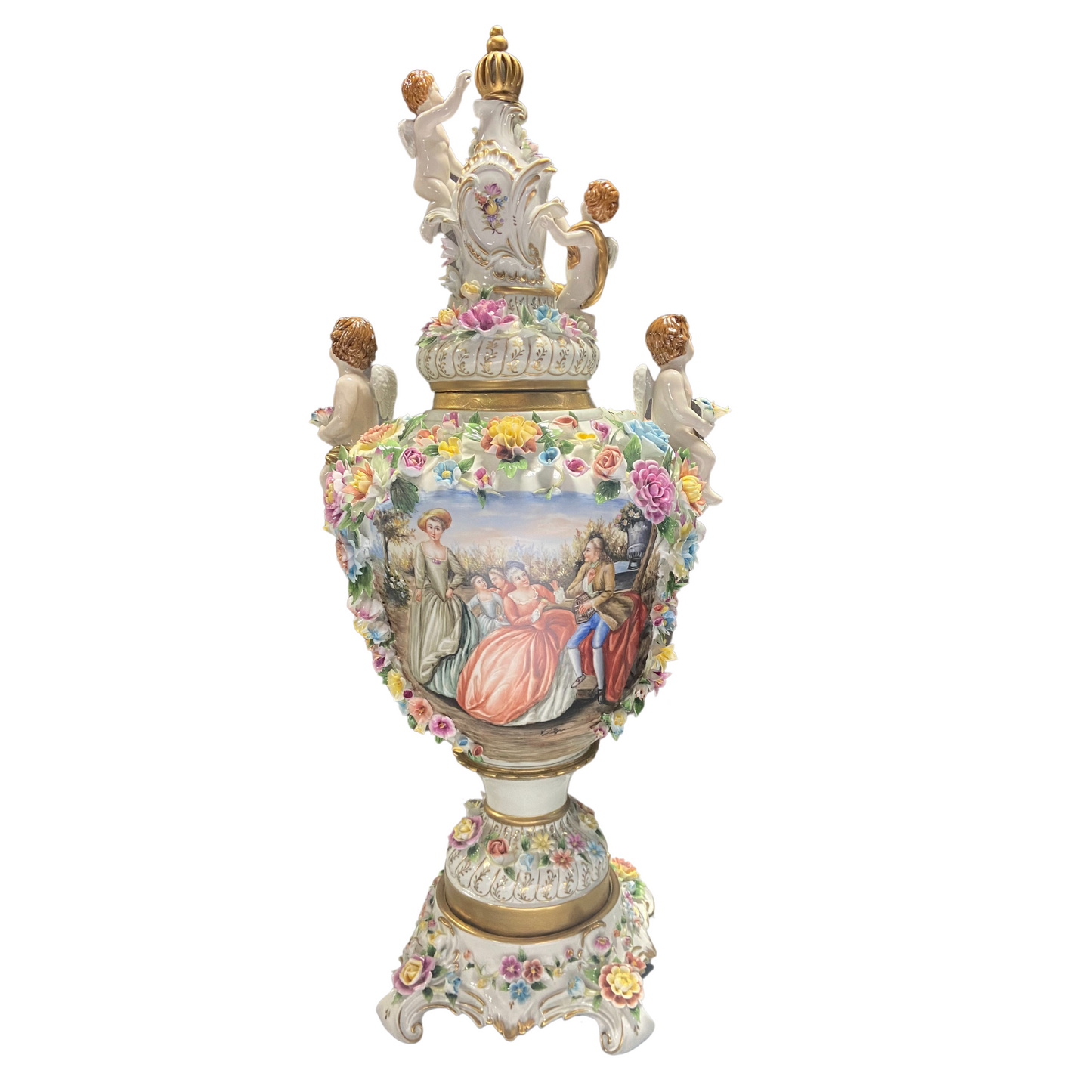 Hand-painted Rococo Three Dimensional Porcelain Flower Urn