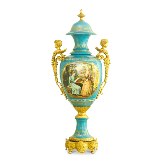 Striking Hand-Painted Porcelain And Bronze Cherub Handle Vase