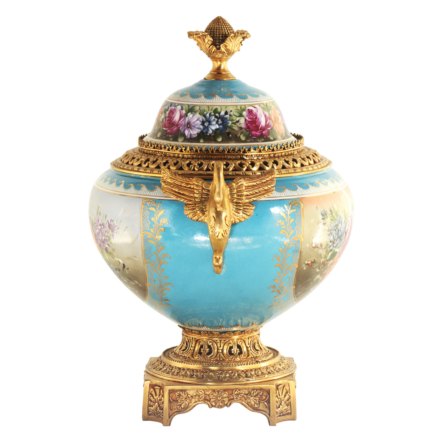 Swan Handle Hand-painted Porcelain And Bronze Jar