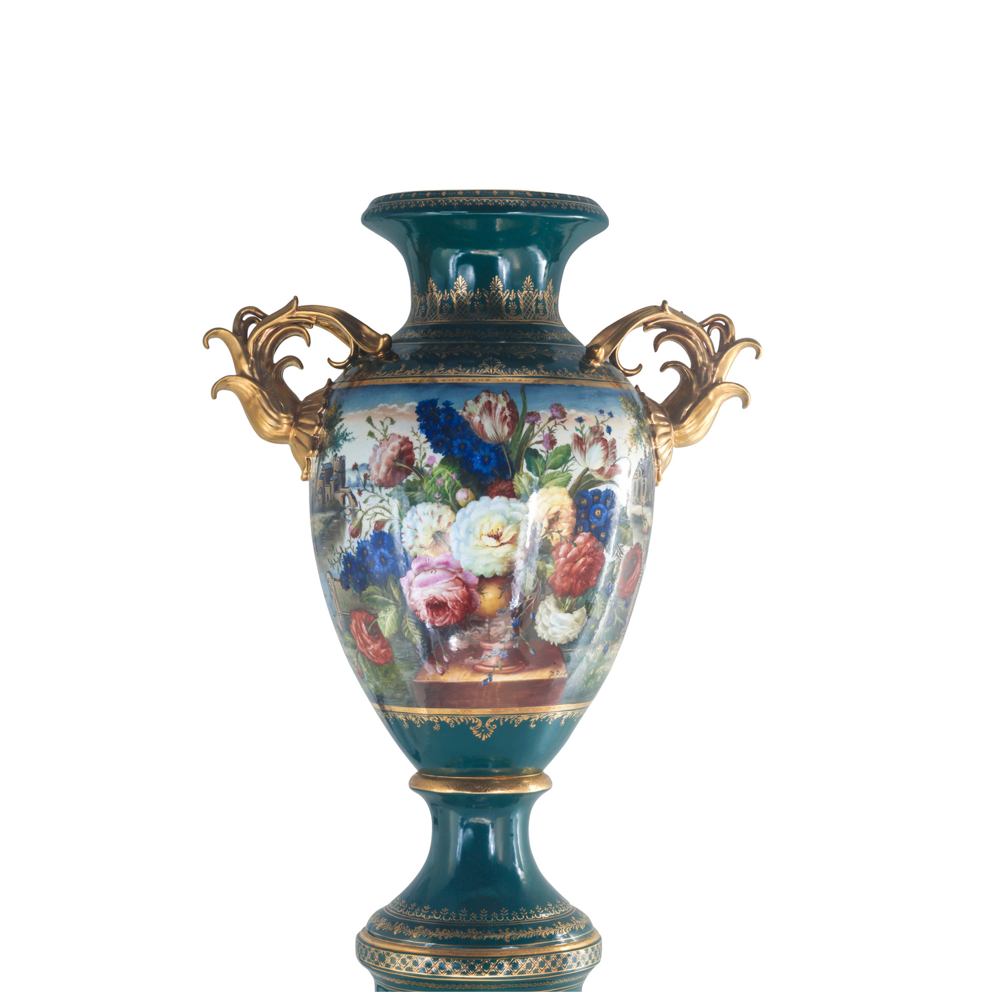 Green Baroque Style Hand-Painted Floral Motif Vase