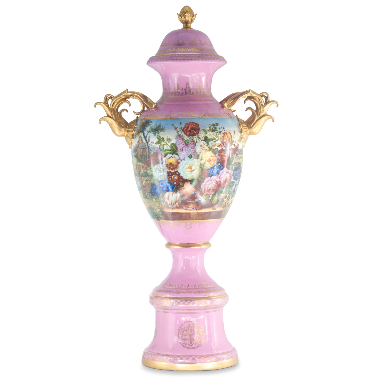 Hand-Painted Pink Baroque Style Floral Motif Vase