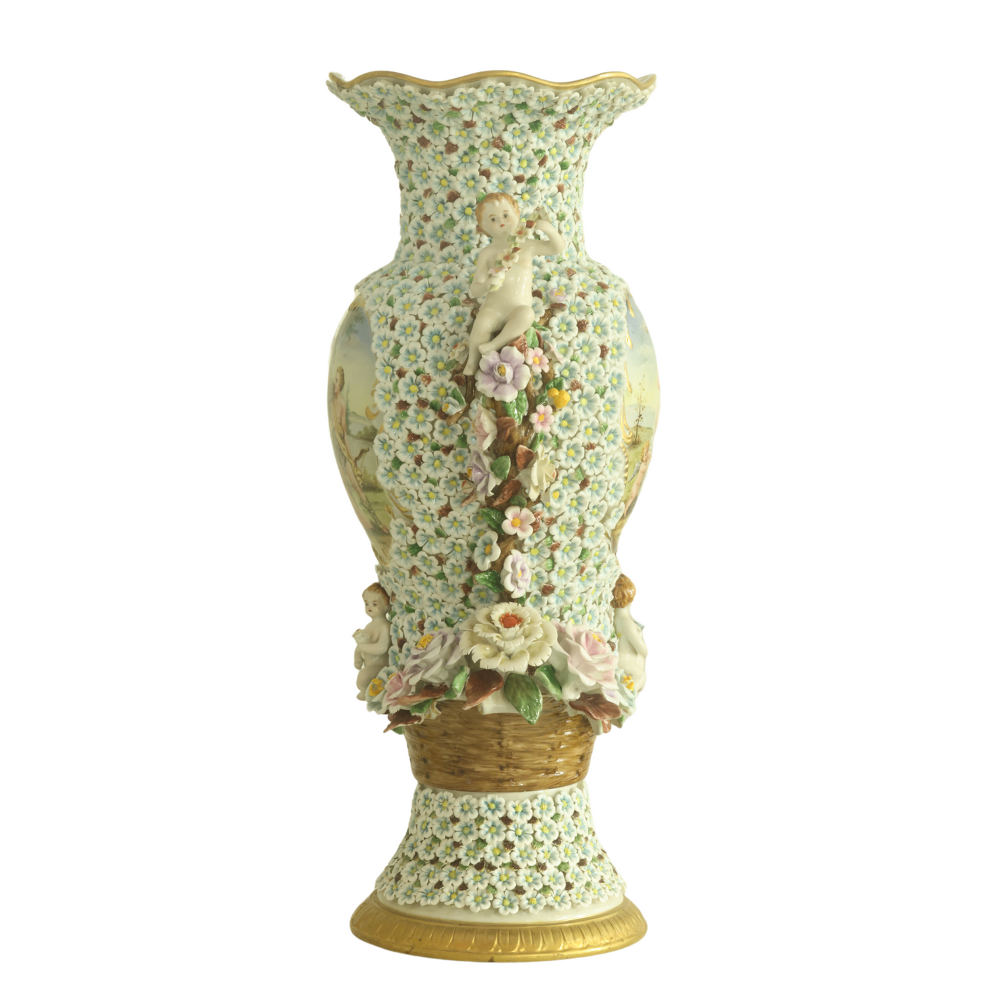 Porcelain Flower Three Dimensional Cherub Vase