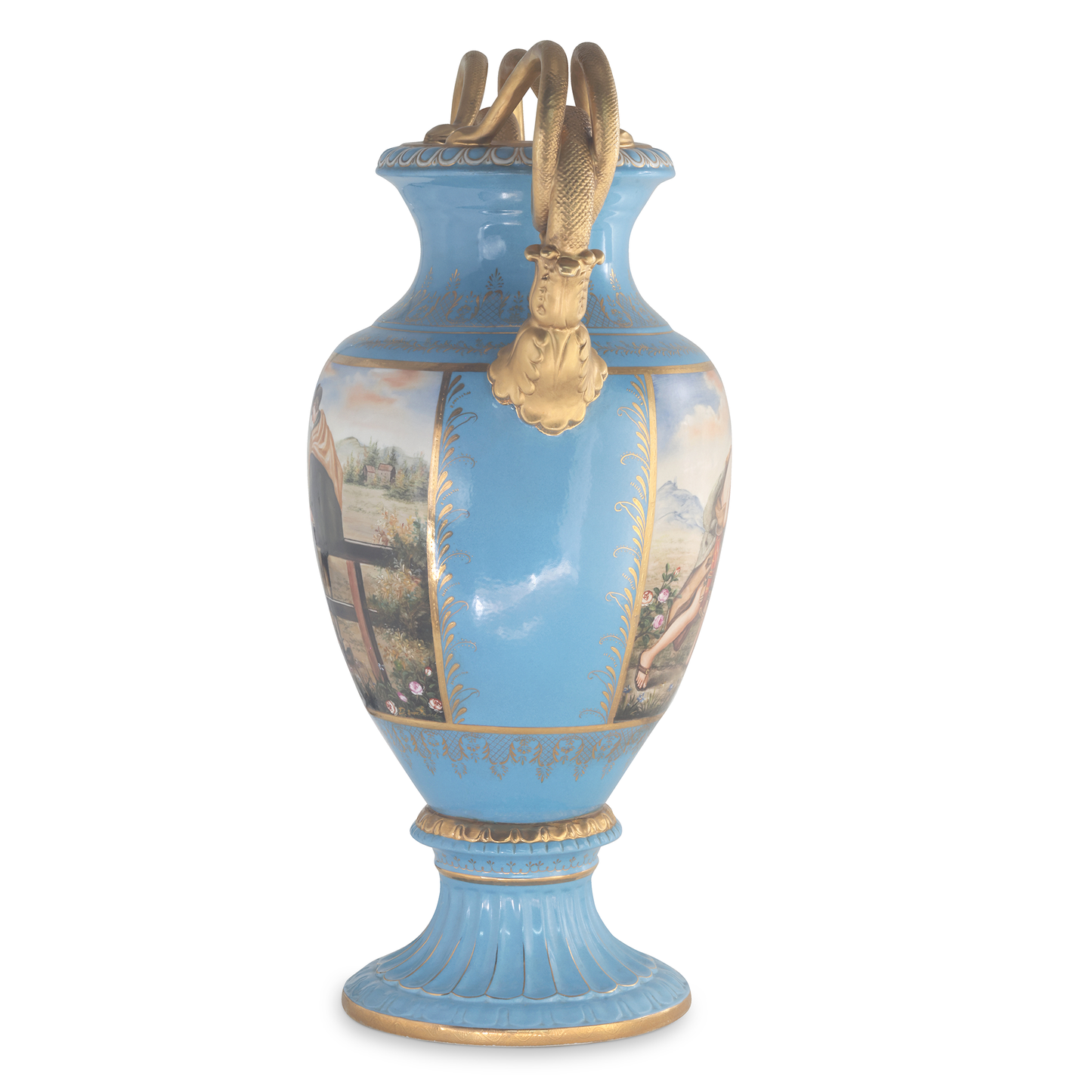 Rococo Style Vase with Hand-painted Motif & Snake Handles