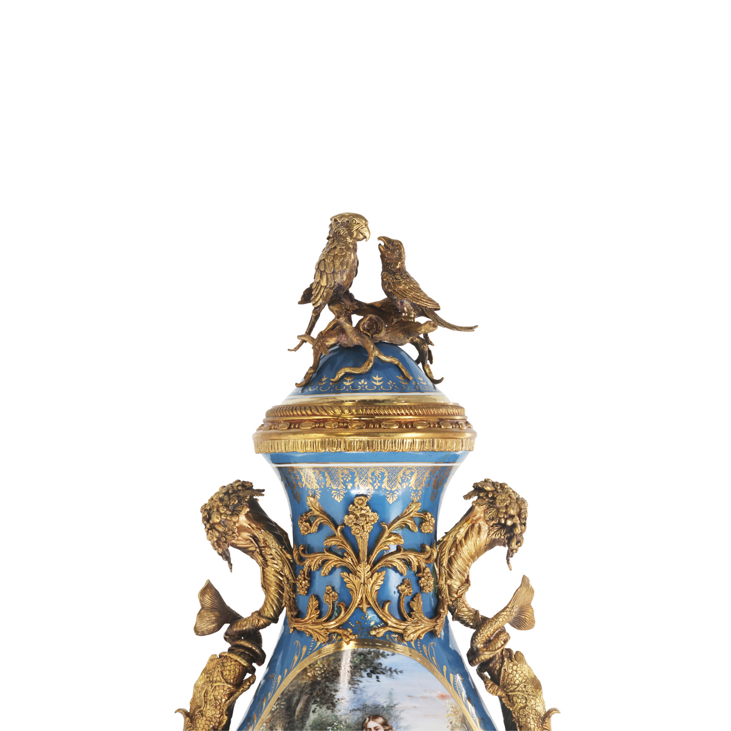 Hand-painted Teal Urn with Rococo Motifs