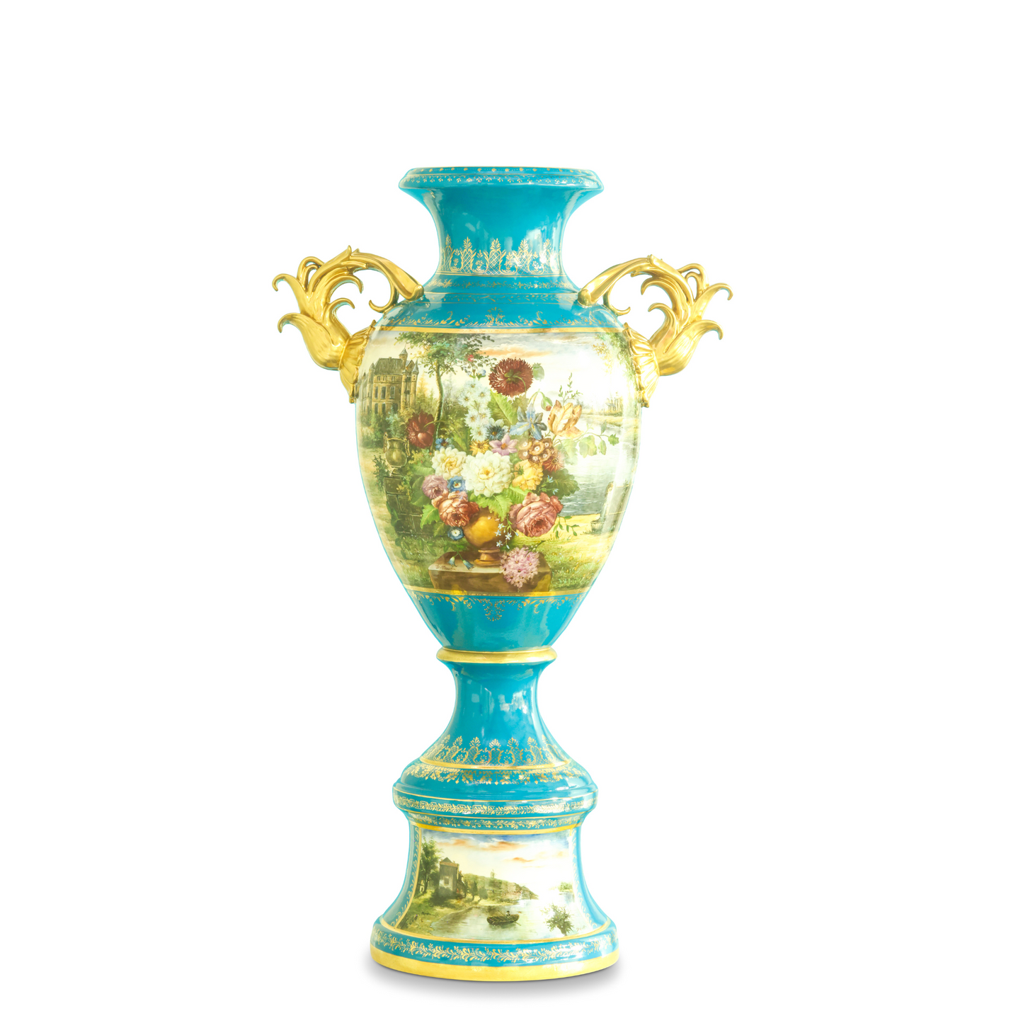 Teal Baroque Style Hand-Painted Floral Motif Vase